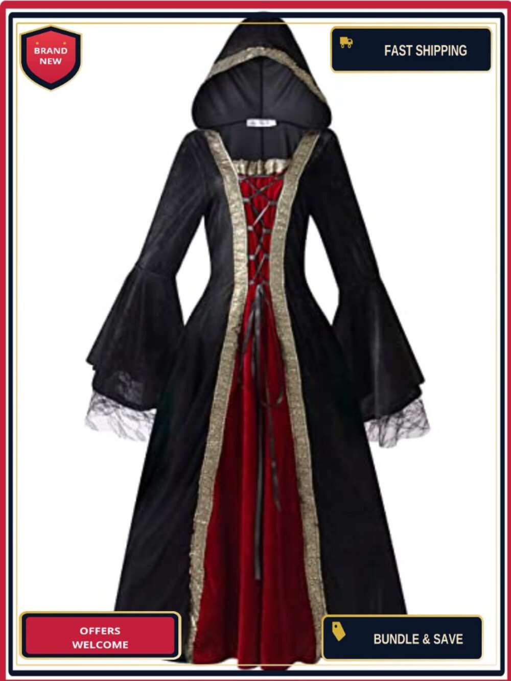Medieval Renaissance Hooded Long Dress Lace Flare Sleeve Adult Costume